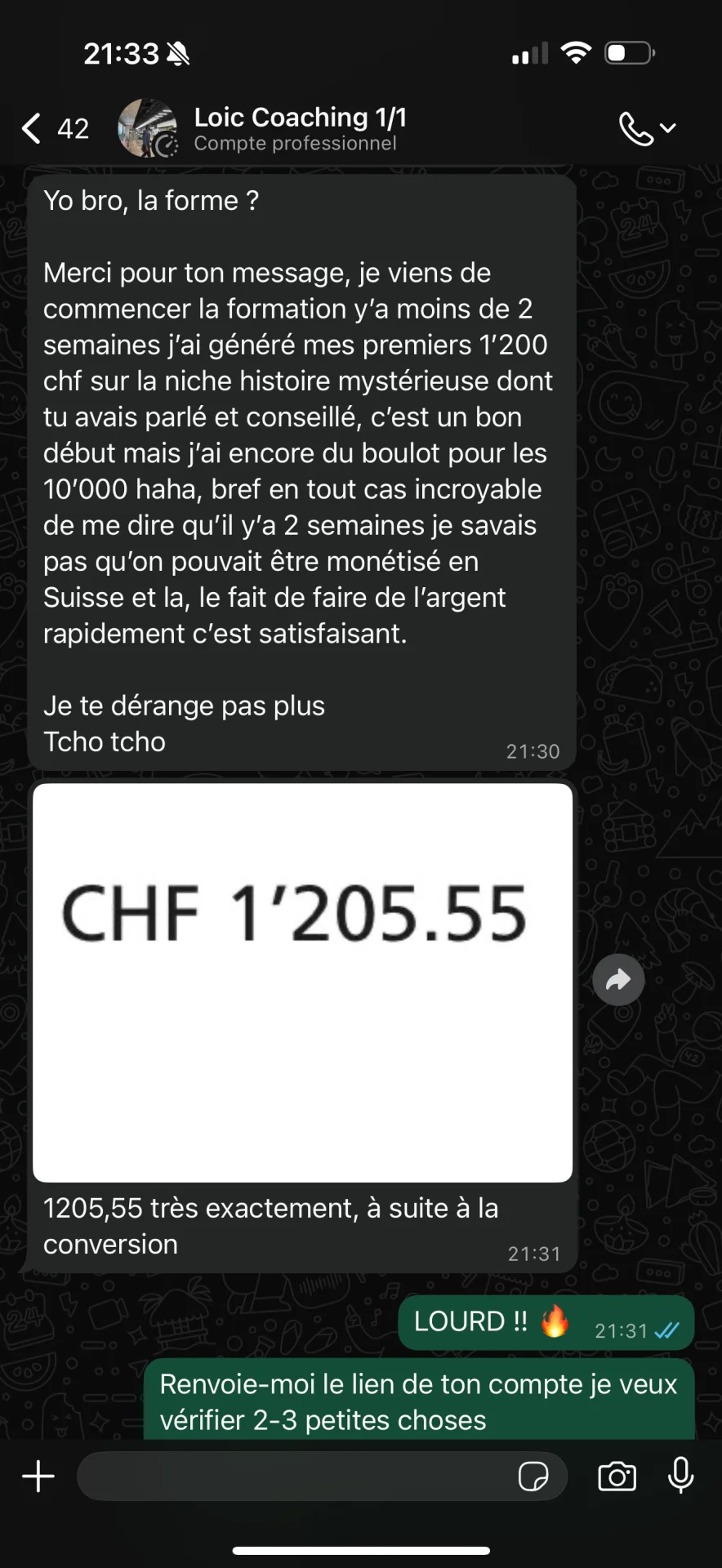 Capture WhatsApp de Loïc : 1'205 CHF